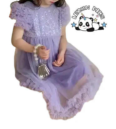 LEZONKIDS - 2024 High Quality summer short sleeve girls dress sweet sequined  girl dress flower tutu girl dress
